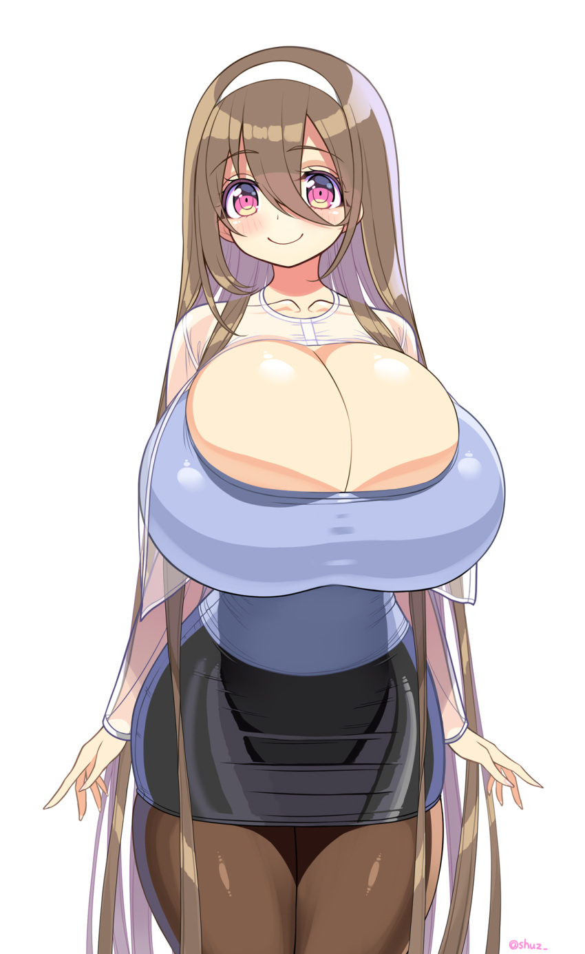 1girl breasts brown_hair bursting_breasts curvy highres huge_breasts impossible_clothes impossible_shirt jacket long_hair looking_at_viewer multicolored_eyes original pink_eyes see-through see-through_jacket shirt shuz_(dodidu) smile solo undersized_clothes yellow_eyes