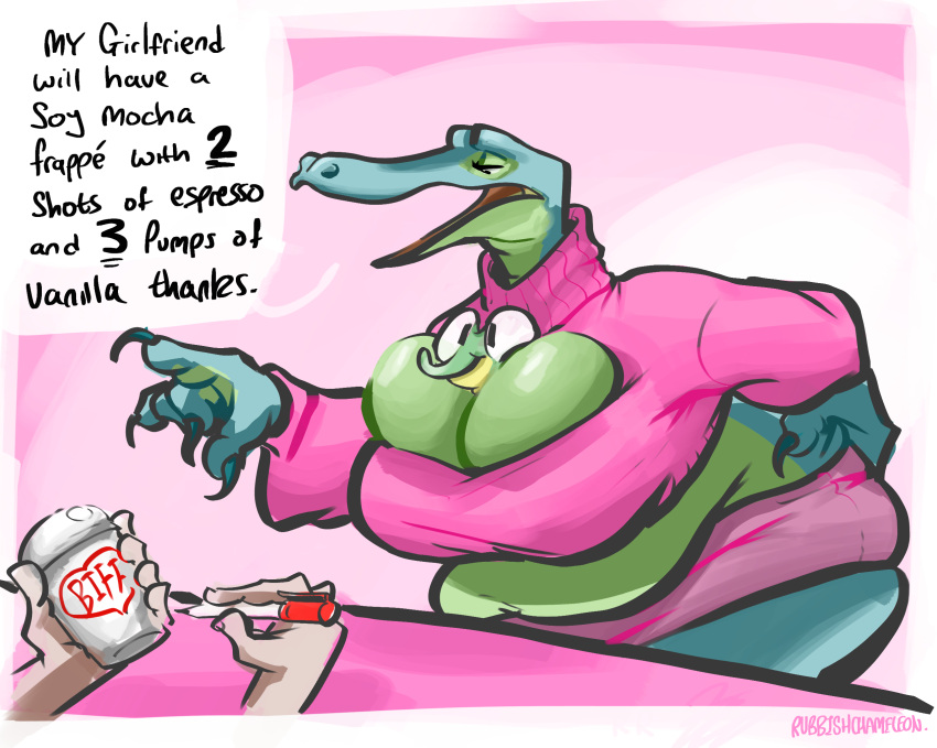amphibian anthro belly big_breasts biphony_(rubbish_chameleon) bottomwear breast_squish breasts cleavage cleavage_cutout clothed clothing coffee_shop crop_top female frog hi_res holidays komodo_dragon lizard monitor_lizard reptile rubbish_chameleon scalie shirt shorts squish terry_(rubbish_chameleon) topwear tree_frog valentine's_day