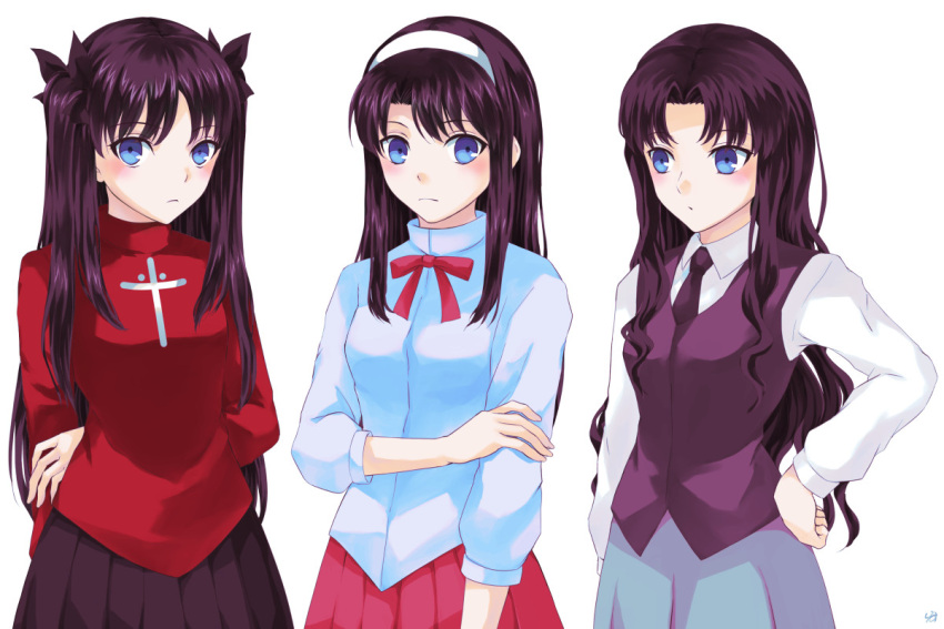 3girls arm_behind_back black_hair black_necktie black_skirt black_vest blue_eyes commentary_request company_connection crossover fate/stay_night fate_(series) frown hairband hand_on_hip kara_no_kyoukai kokutou_azaka lo_lis look-alike multiple_crossover multiple_girls necktie pleated_skirt red_skirt sidelocks signature skirt tohno_akiha tohsaka_rin trait_connection tsukihime two_side_up type-moon vest wavy_hair white_hairband