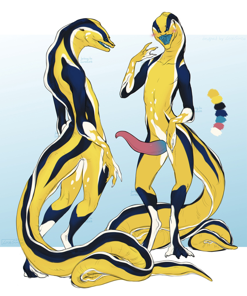 2022 anthro blue_body blue_eyes blue_penis blue_tail color_swatch dark_body dated eel erection fish genitals glistening glistening_eyes gradient_background hi_res lostgoose male marine model_sheet moray_eel multicolored_penis no_sclera nude open_mouth penis red_penis sharp_teeth signature simple_background solo standing tail tapering_penis teeth two_tone_penis white_body white_tail yellow_body yellow_tail