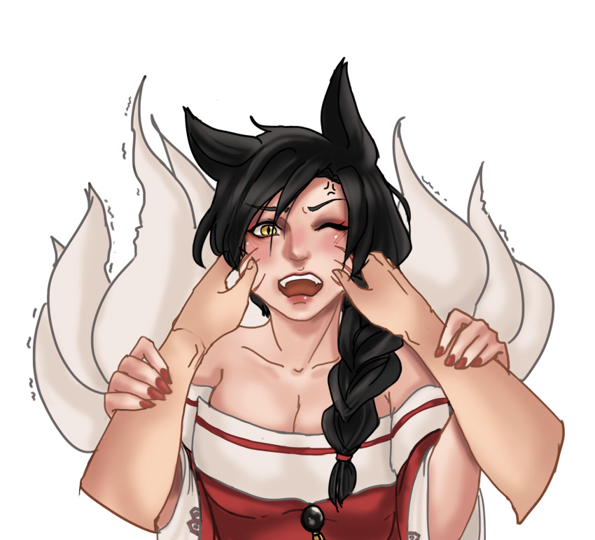 1girl ahri_(league_of_legends) anger_vein angry animal_ears artist_request bangs black_hair blush braid cheek_pinching cheek_pull collarbone embarrassed facial_mark fox_ears fox_girl hand_on_another's_cheek hand_on_another's_face hands_on_another's_cheeks hands_on_another's_face highres kitsune kumiho league_of_legends looking_at_viewer non-web_source open_mouth pinching pov single_braid whisker_markings yellow_eyes