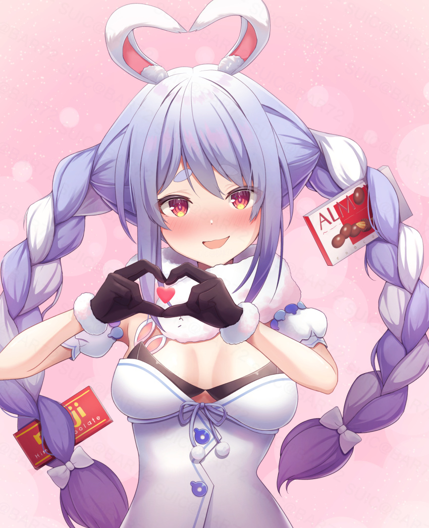 1girl absurdres animal_ear_fluff animal_ears artist_name bangs black_gloves blue_hair blush bow braid breasts chocolate coat commentary_request detached_sleeves don-chan_(usada_pekora) food-themed_hair_ornament fur-trimmed_gloves fur_trim gloves hair_bow hair_ornament heart heart_hands highres hololive long_hair looking_at_viewer multicolored_hair open_mouth orange_eyes puffy_detached_sleeves puffy_short_sleeves puffy_sleeves rabbit-shaped_pupils rabbit_ears rabbit_girl short_eyebrows short_sleeves sidelocks solo suicabar72 symbol-shaped_pupils thick_eyebrows twin_braids twintails two-tone_hair upper_body usada_pekora valentine virtual_youtuber white_bow white_coat white_hair white_sleeves