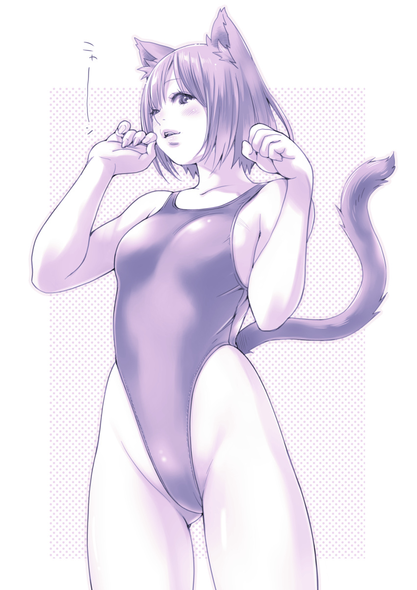 1girl absurdres animal_ears ass_visible_through_thighs breasts cat_ears cat_tail competition_swimsuit cowboy_shot highleg highleg_swimsuit highres looking_at_viewer macosee medium_breasts monochrome one-piece_swimsuit one_eye_closed original paw_pose purple_theme short_hair solo standing swimsuit tail