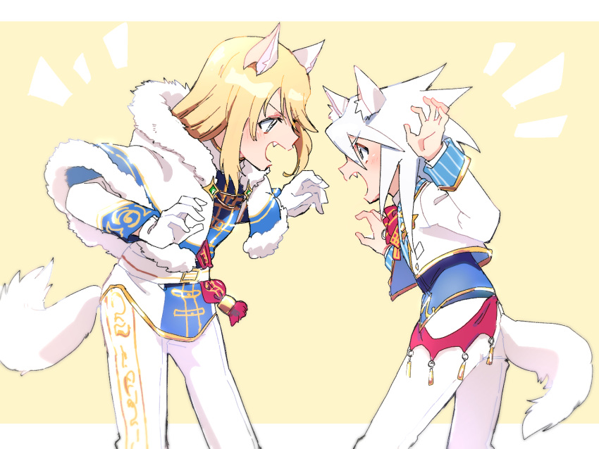 2boys animal_ears azuma_yukihiko blonde_hair blue_eyes cape cat_boy cat_ears cat_tail claw_pose fang fur-trimmed_cape fur_trim genis_sage highres jacket long_sleeves looking_at_another male_focus medium_hair mithos_yggdrasill multiple_boys pants tail tail_ornament tales_of_(series) tales_of_symphonia white_hair white_jacket white_pants yaoi yellow_background