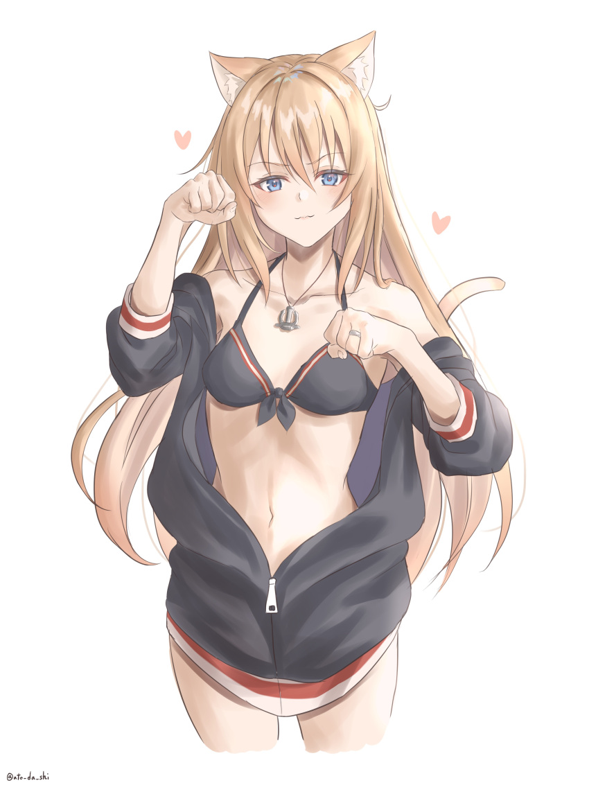1girl absurdres anchor_necklace animal_ears atodashi bikini bismarck_(kancolle) black_bikini blonde_hair blue_eyes cat_ears cat_girl cat_tail collarbone front-tie_bikini_top front-tie_top highres jewelry kantai_collection kemonomimi_mode long_hair navel necklace partially_unzipped paw_pose simple_background solo standing swimsuit tail very_long_hair white_background zipper zipper_pull_tab