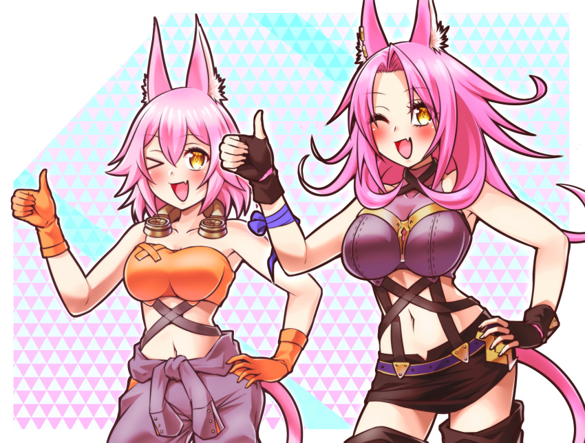 &gt;_o 2girls ;d animal_ear_fluff animal_ears bandeau bangs bare_shoulders black_skirt blush boots breasts brown_gloves cat_day cat_ears cat_girl cat_tail cleavage clothes_around_waist collarbone commentary_request covered_collarbone cowboy_shot duel_monster fang fingerless_gloves gloves grey_jumpsuit hair_between_eyes hand_on_hip highres jumpsuit jumpsuit_around_waist kitt_(yu-gi-oh!) large_breasts long_hair looking_at_viewer medium_breasts midriff miniskirt multiple_girls navel one_eye_closed open_mouth orange_bandeau orange_gloves p-b-c_(dark_matter_kakine) pencil_skirt pink_hair purple_bandeau short_hair siblings sidelocks sisters skin_fang skirt smile standing tail thigh_boots thumbs_up tri-brigade_ferrijit_the_barren_blossom tri-brigade_kitt white_background yellow_eyes yu-gi-oh!