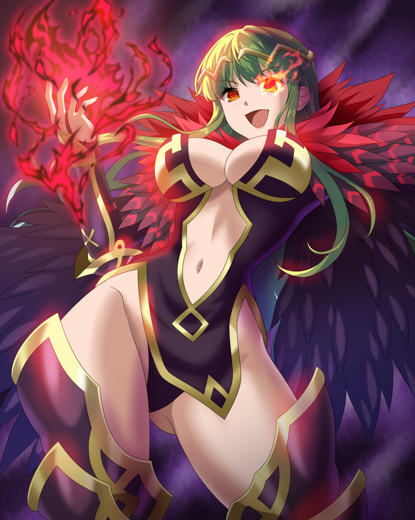 1girl :d absurdres alternate_eye_color black_feathers breasts center_opening cleavage corruption dark_persona feathers fire fire_emblem fire_emblem:_mystery_of_the_emblem flaming_eye green_hair groin highres large_breasts leotard long_hair navel palla_(fire_emblem) purple_background red_eyes revealing_clothes sirano smile solo thighhighs tiara