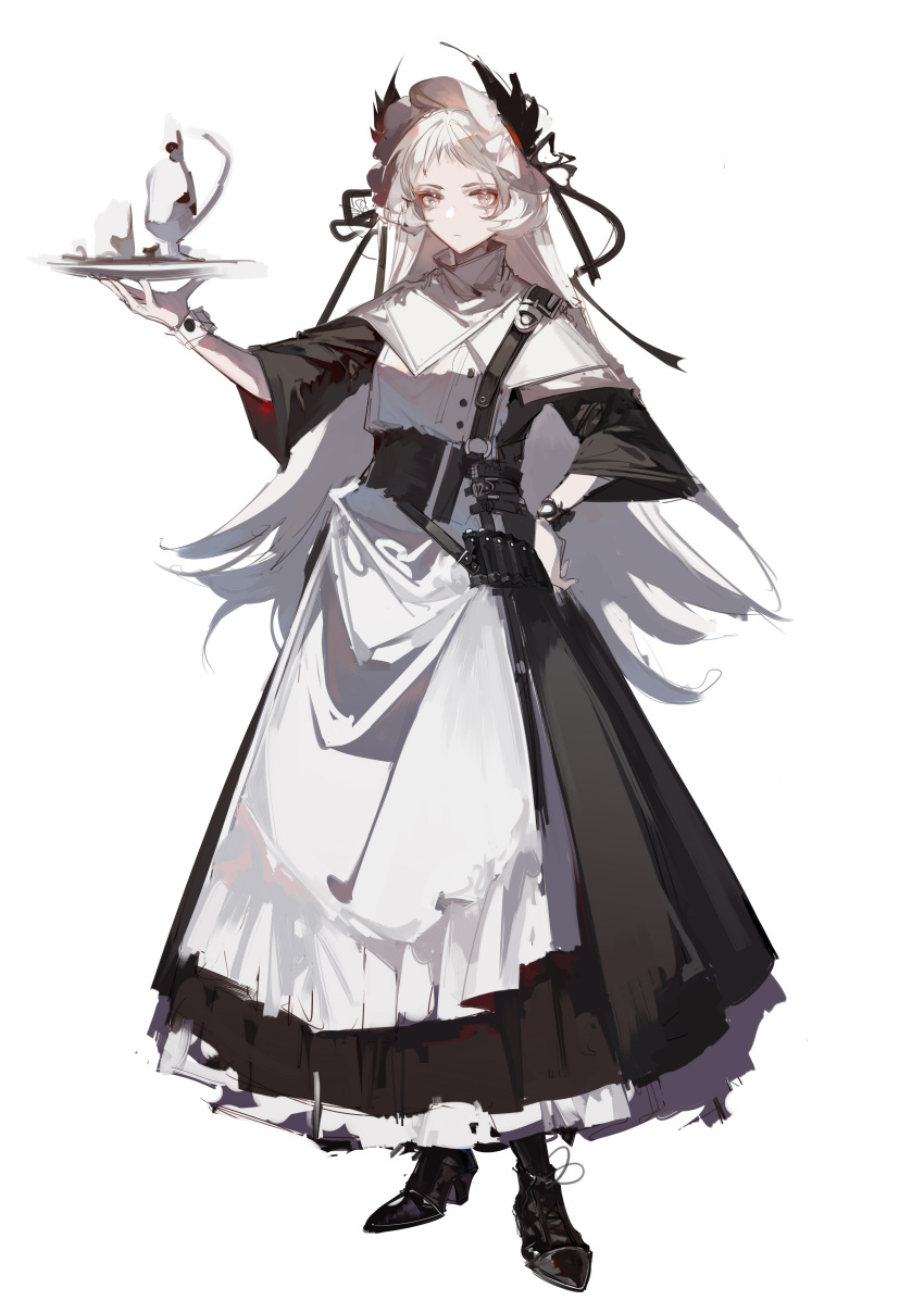 1girl absurdres adapted_costume alternate_costume ammunition_belt apron arknights black_dress black_footwear bonnet capelet chinese_commentary closed_mouth commentary_request dongsheng dress enmaided expressionless full_body grey_eyes grey_hair hand_on_hip head_wings highres holding holding_tray irene_(arknights) long_hair looking_at_viewer maid scar scar_across_eye simple_background sleeves_past_elbows solo tray very_long_hair white_apron white_background white_capelet wrist_cuffs