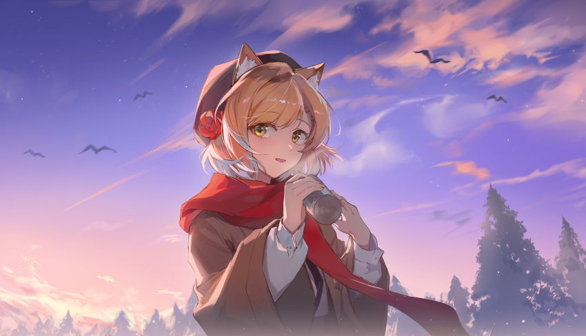 1girl :d animal_ears arknights bird black_headwear blush can cat_ears cosmwalker day dutch_angle flower green_eyes hat highres holding holding_can long_sleeves looking_at_viewer mousse_(arknights) mousse_(campfire_cooking_smoke)_(arknights) multicolored_hair official_alternate_costume open_mouth orange_hair outdoors red_flower red_rose red_scarf rose scarf short_hair smile solo two-tone_hair upper_body white_background