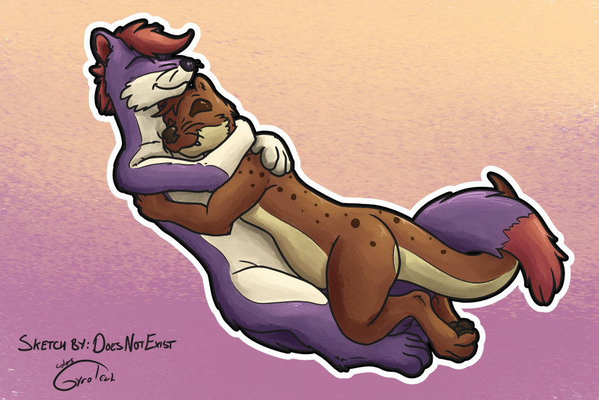 anthro biped black_nose blitzstoat_(gyro) brown_body brown_markings bryce_daeless countershading cuddling doesnotexist duo eye_markings eyes_closed gyrotech hi_res male mammal markings mustelid musteline otter paws purple_body red_markings spots stoat tan_body true_musteline weasel