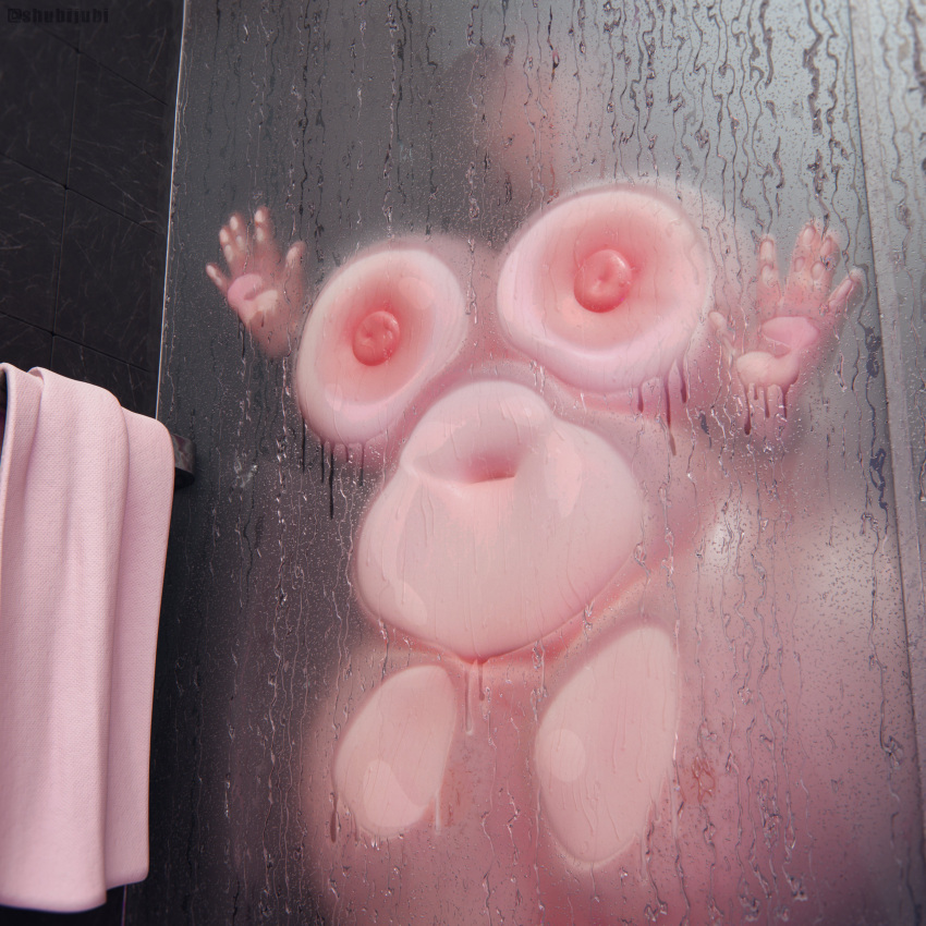1girl 3d absurdres against_glass blurry breast_press breasts breasts_on_glass covered_face fat glass hand_on_glass highres huge_breasts huge_nipples navel nude original plump shower_(place) shubijubi solo towel towel_rack wet