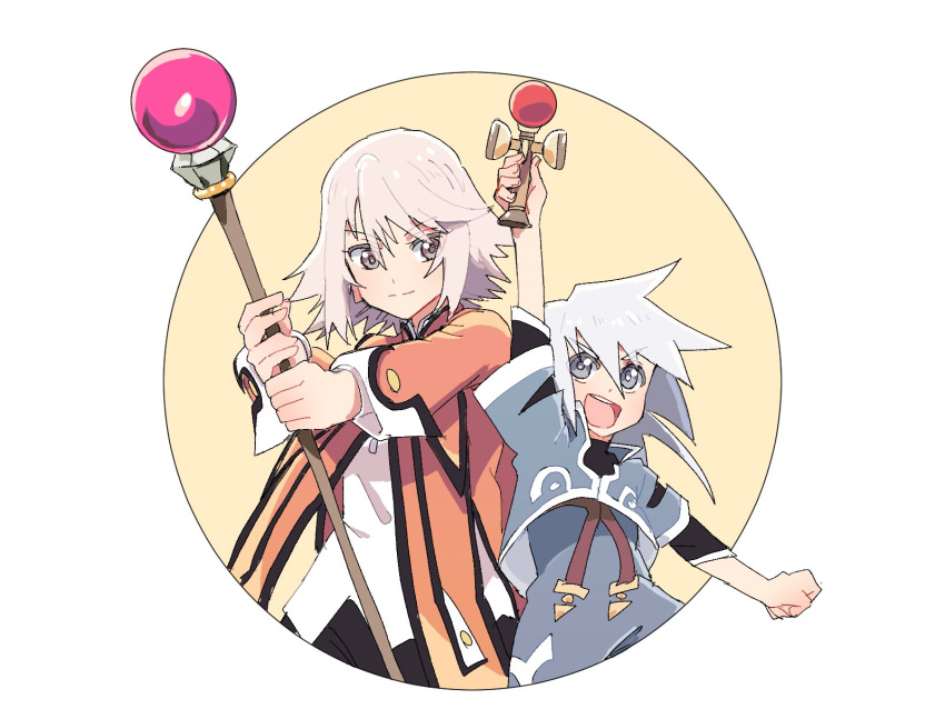 1boy 1girl age_difference azuma_yukihiko blue_eyes genis_sage grey_eyes grey_hair highres holding holding_staff holding_toy kendama long_sleeves looking_at_another medium_hair raine_sage staff tales_of_(series) tales_of_symphonia toy white_hair