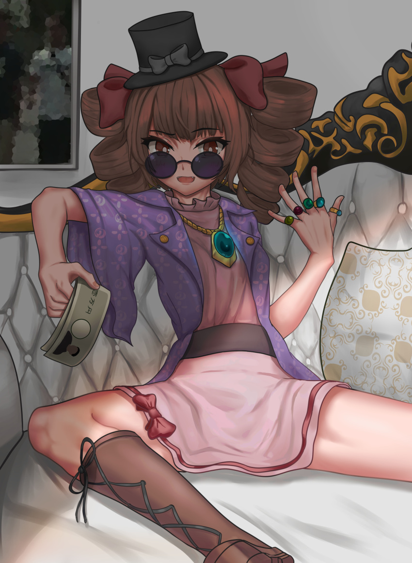 1girl :d absurdres arm_rest bangs blunt_bangs boots bow breasts bright_pupils brown_eyes brown_footwear brown_hair couch cross-laced_footwear dress drill_hair eyewear_on_head fang feet_out_of_frame fingernails frills fx3-saro grey_dress hand_up hat highres holding holding_money indoors jewelry long_hair looking_at_viewer money necklace painting_(object) pillow raised_eyebrow ring round_eyewear short_sleeves sitting small_breasts smile solo spread_legs sunglasses tongue top_hat touhou twin_drills white_pupils wide_sleeves yorigami_jo'on