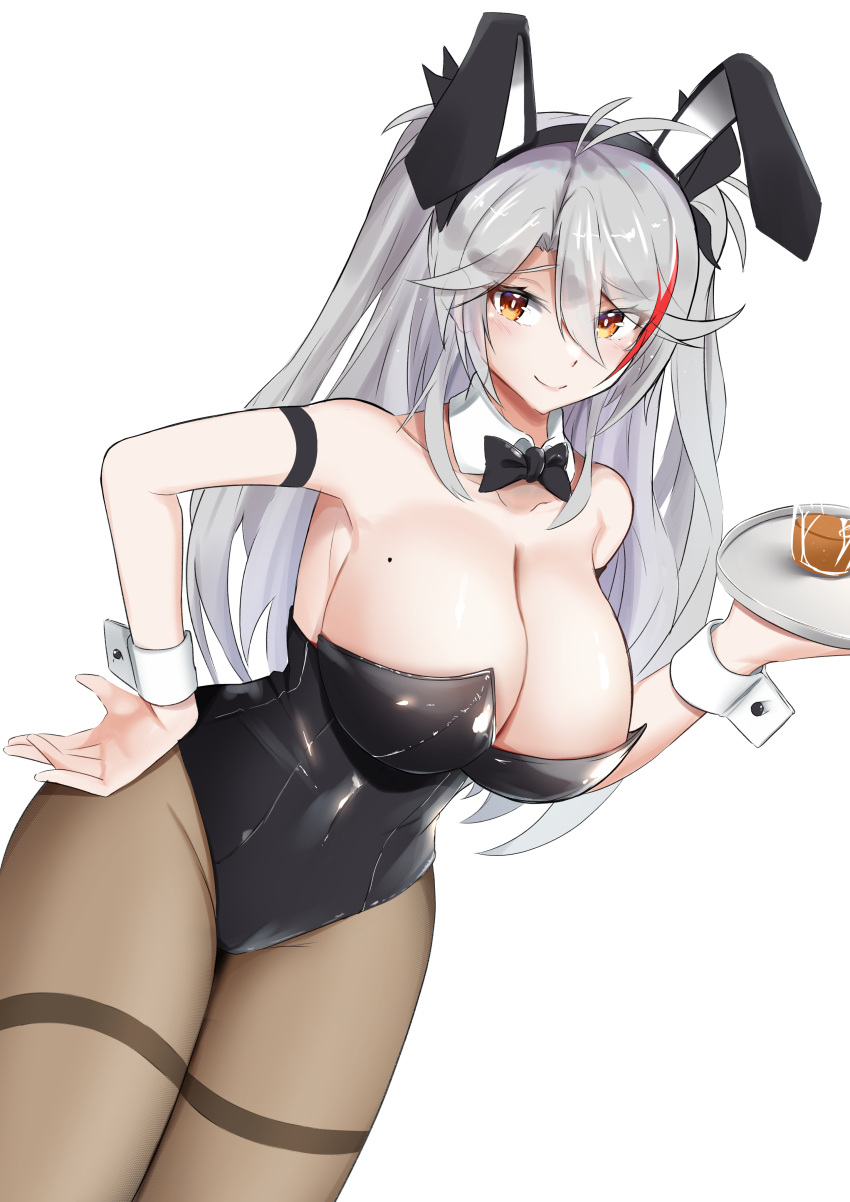 1girl absurdres alternate_costume animal_ears azur_lane black_leotard bow bowtie breasts brown_pantyhose detached_collar dutch_angle fake_animal_ears grey_hair highleg highleg_leotard highres holding holding_tray huge_breasts j_yak47 leotard mole mole_on_breast multicolored_hair orange_eyes pantyhose playboy_bunny prinz_eugen_(azur_lane) rabbit_ears red_hair simple_background solo strapless strapless_leotard streaked_hair thighband_pantyhose tray two-tone_hair white_background wrist_cuffs