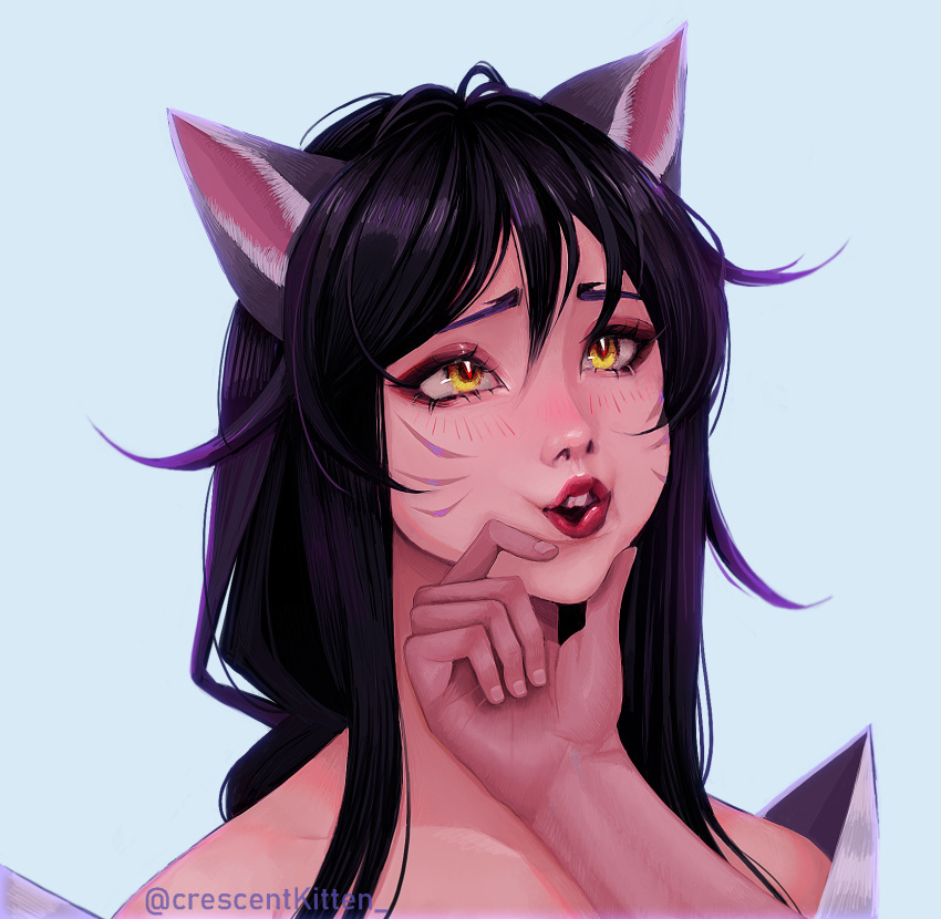 1girl ahri_(league_of_legends) animal_ears bangs bare_shoulders black_hair cheek_press cheek_squash confused crescentkitten face_grab facial_mark fox_ears fox_girl grabbing_another's_chin hand_on_another's_cheek hand_on_another's_chin hand_on_another's_face highres kitsune kumiho league_of_legends long_hair open_mouth simple_background smile whisker_markings yellow_eyes