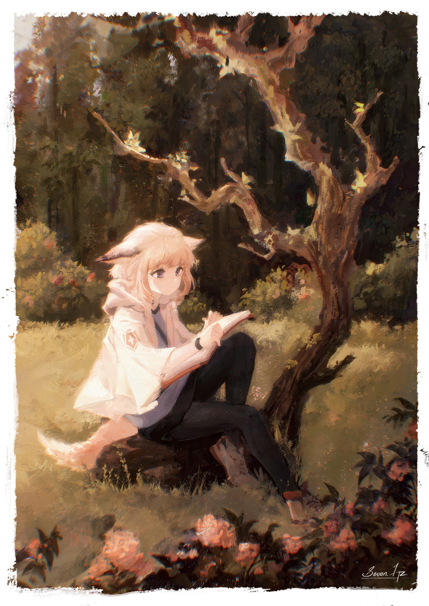 1girl 7hertz :/ absurdres animal_ears arknights bare_tree black_pants blue_eyes blue_shirt book border brown_footwear bush chinese_commentary closed_mouth commentary_request flower forest fox_ears fox_girl fox_tail full_body grass highres holding holding_book hood hood_down hooded_jacket infection_monitor_(arknights) jacket log nature open_book open_clothes open_jacket outdoors pants pink_hair procreate_(medium) reading red_flower shirt shoes short_hair signature sitting solo sussurro_(arknights) tail tree white_border white_jacket