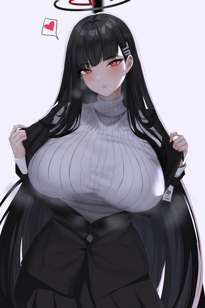 1girl absurdres bangs black_hair black_jacket black_skirt blue_archive blunt_bangs blush breasts cowboy_shot grey_sweater halo head_tilt heart highres huge_breasts impossible_clothes impossible_sweater jacket long_hair long_sleeves looking_at_viewer mikkom open_clothes open_jacket parted_lips rio_(blue_archive) simple_background skirt smile solo speech_bubble spoken_heart steaming_body sweater very_long_hair white_background