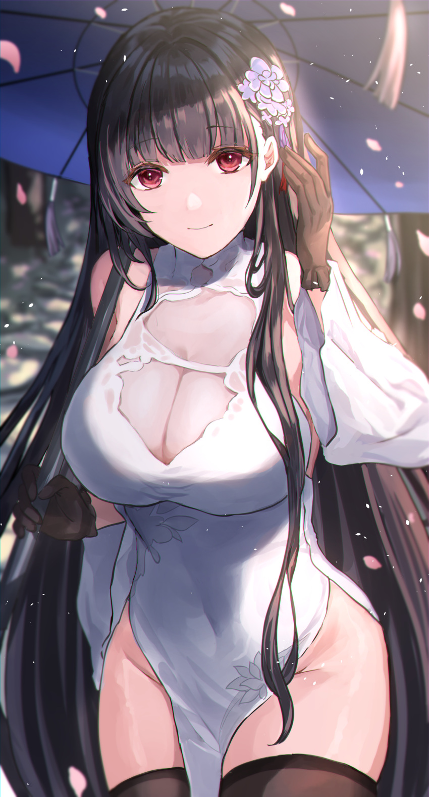 1girl absurdres azur_lane bangs bare_shoulders black_gloves black_hair black_thighhighs blunt_bangs blush breasts cleavage closed_mouth covered_navel cowboy_shot detached_sleeves dress flower gloves groin hair_flower hair_ornament highres holding holding_umbrella large_breasts long_hair long_sleeves looking_at_viewer minestrone_takizawa oil-paper_umbrella outdoors pelvic_curtain petals purple_flower red_eyes smile solo thighhighs umbrella very_long_hair white_dress yat_sen_(azur_lane)