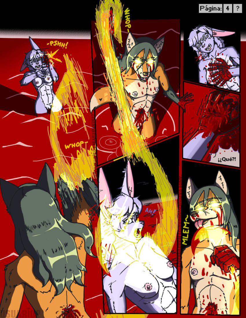 adriana_(usuario2) anthro blood blood_drip blood_from_eye blood_from_mouth blood_in_mouth blood_on_hand blood_pool bodily_fluids canid canine comic dripping_blood duo exclamation_point female fight flat_chested fox fur gloves_(marking) glowing glowing_eyes gore green_body green_fur green_hair hair hi_res lagomorph leporid light_manipulation mammal markings multicolored_body multicolored_fur nipples orange_body orange_fur pink_nipples power purple_body purple_eyes purple_fur purple_hair quotation_marks rabbit spanish_text tan_body tan_fur text two_tone_body two_tone_fur usuario2_(artist) victoria_violeta_(usuario2) white_body white_fur wounded