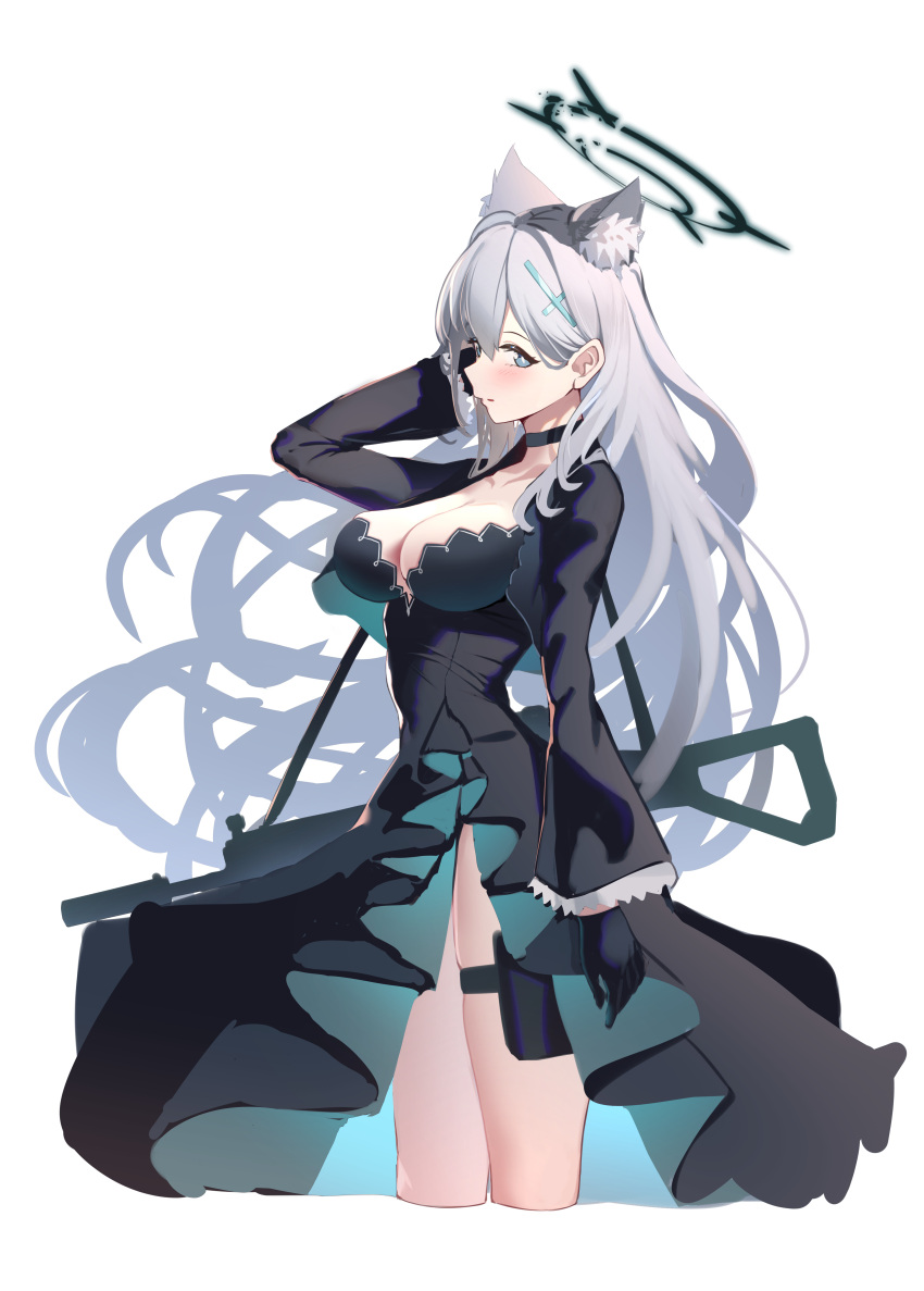 1girl absurdres animal_ears arm_up black_choker black_dress blue_archive blue_eyes blush breasts choker cleavage cropped_legs dress extra_ears from_side grey_hair gun hair_ornament halo hand_in_own_hair highres large_breasts long_hair long_sleeves looking_at_viewer looking_to_the_side parted_lips pelvic_curtain shiroko_(blue_archive) shiroko_(terror)_(blue_archive) simple_background skindentation thigh_strap very_long_hair weapon white_background wolf_ears xintianou