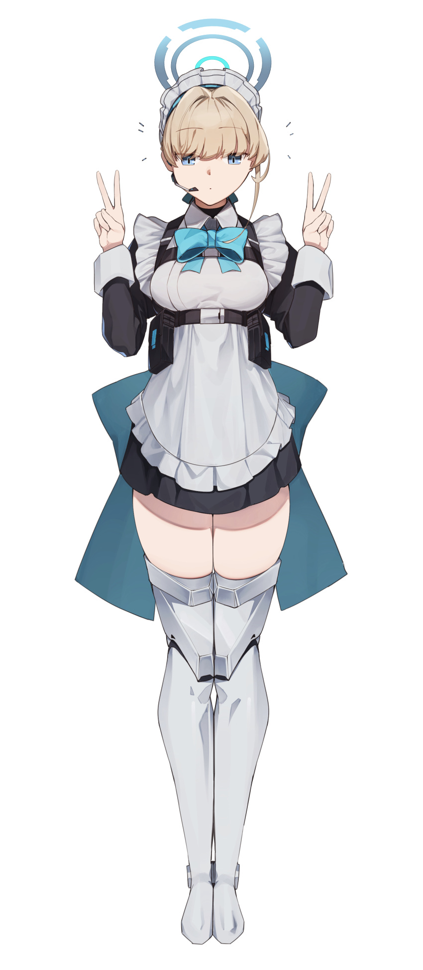 1girl absurdres apron bangs blue_archive blue_eyes breasts double_v frills full_body halo highres looking_at_viewer maid_apron maid_headdress mung_(larnec) neck_ribbon ribbon simple_background solo thighhighs toki_(blue_archive) v white_background white_thighhighs