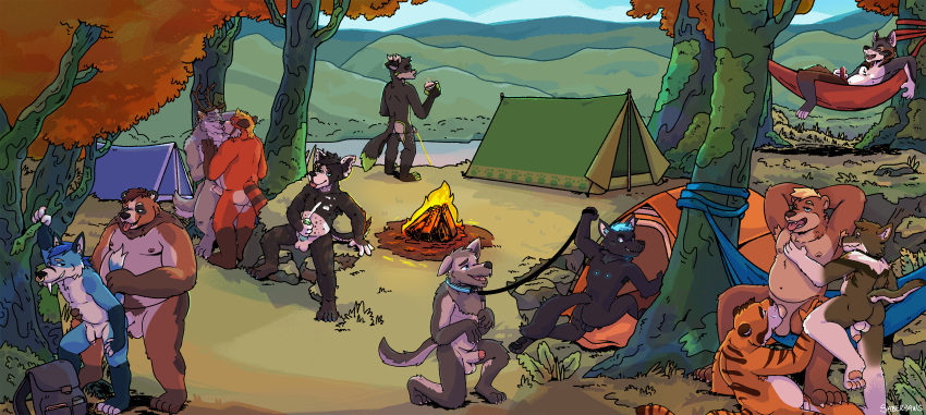 absurd_res anthro bear camping canid canine canis coyote deer felid forest fox giant_panda group hammock hi_res landscape leash male male/male mammal outside pantherine plant red saber saberpaws tent tiger tree wolf