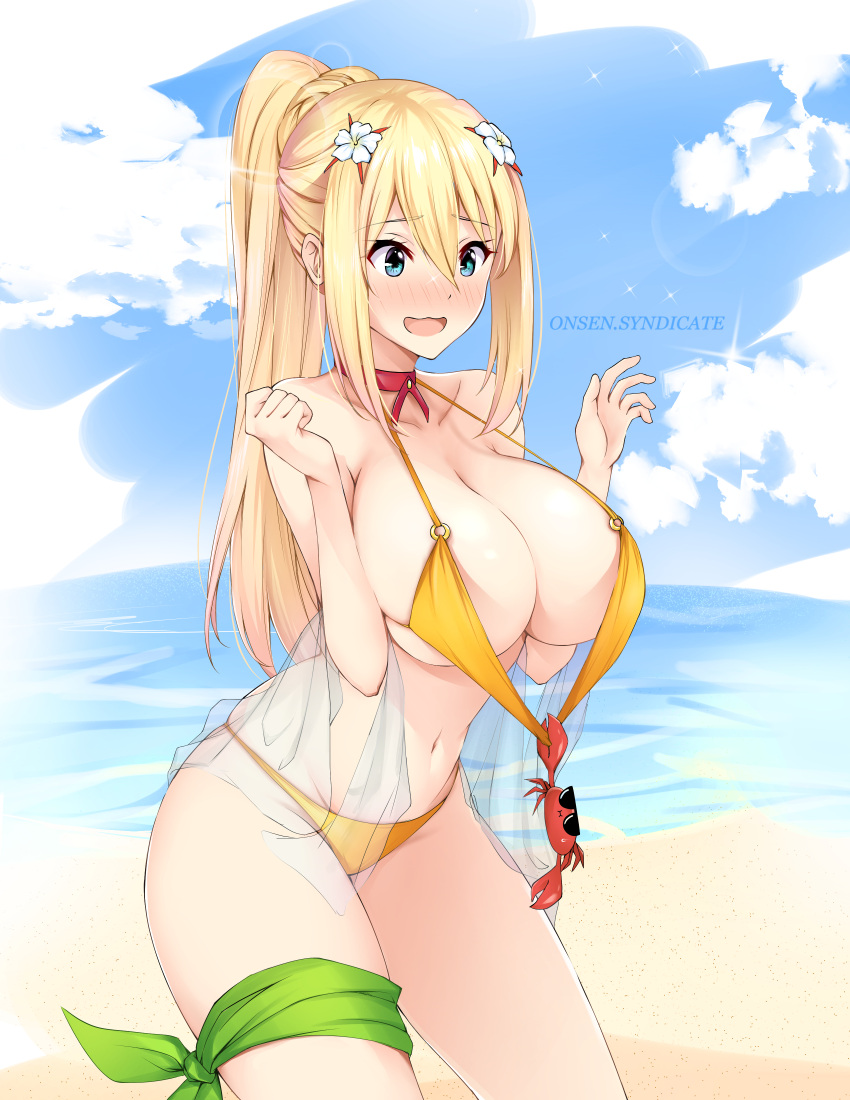 absurdres bangs beach bikini blonde_hair blue_eyes blue_sky blush braid breasts choker crab darkness_(konosuba) flower gs_(onsen_syndicate) hair_between_eyes hair_flower hair_ornament highres kono_subarashii_sekai_ni_shukufuku_wo! large_breasts long_hair navel ocean open_mouth ponytail red_choker see-through sky swimsuit very_long_hair x_hair_ornament yellow_bikini