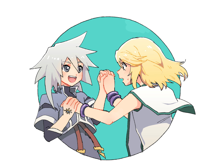 2boys azuma_yukihiko blonde_hair blue_eyes bracelet gem genis_sage green_eyes highres holding_hands jewelry looking_at_another male_focus medium_hair mithos_yggdrasill multiple_boys open_mouth short_sleeves tales_of_(series) tales_of_symphonia white_hair yaoi