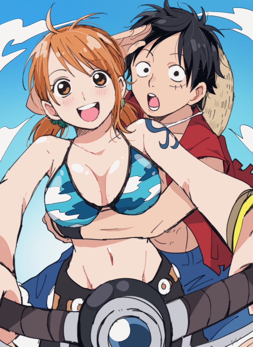 1boy 1girl bare_shoulders bikini bikini_top_only black_eyes black_hair blue_shorts blue_sky blush bracelet breasts chiya_op cleavage cloud cloudy_sky commentary_request day hand_up hat hat_removed headwear_removed highres hug hug_from_behind jewelry large_breasts low_twintails midriff monkey_d._luffy nami_(one_piece) navel on_vehicle one_piece open_clothes open_mouth open_shirt orange_eyes orange_hair outdoors red_shirt riding scar scar_on_cheek scar_on_face shirt short_hair shorts shoulder_tattoo sky straw_hat swimsuit tattoo twintails