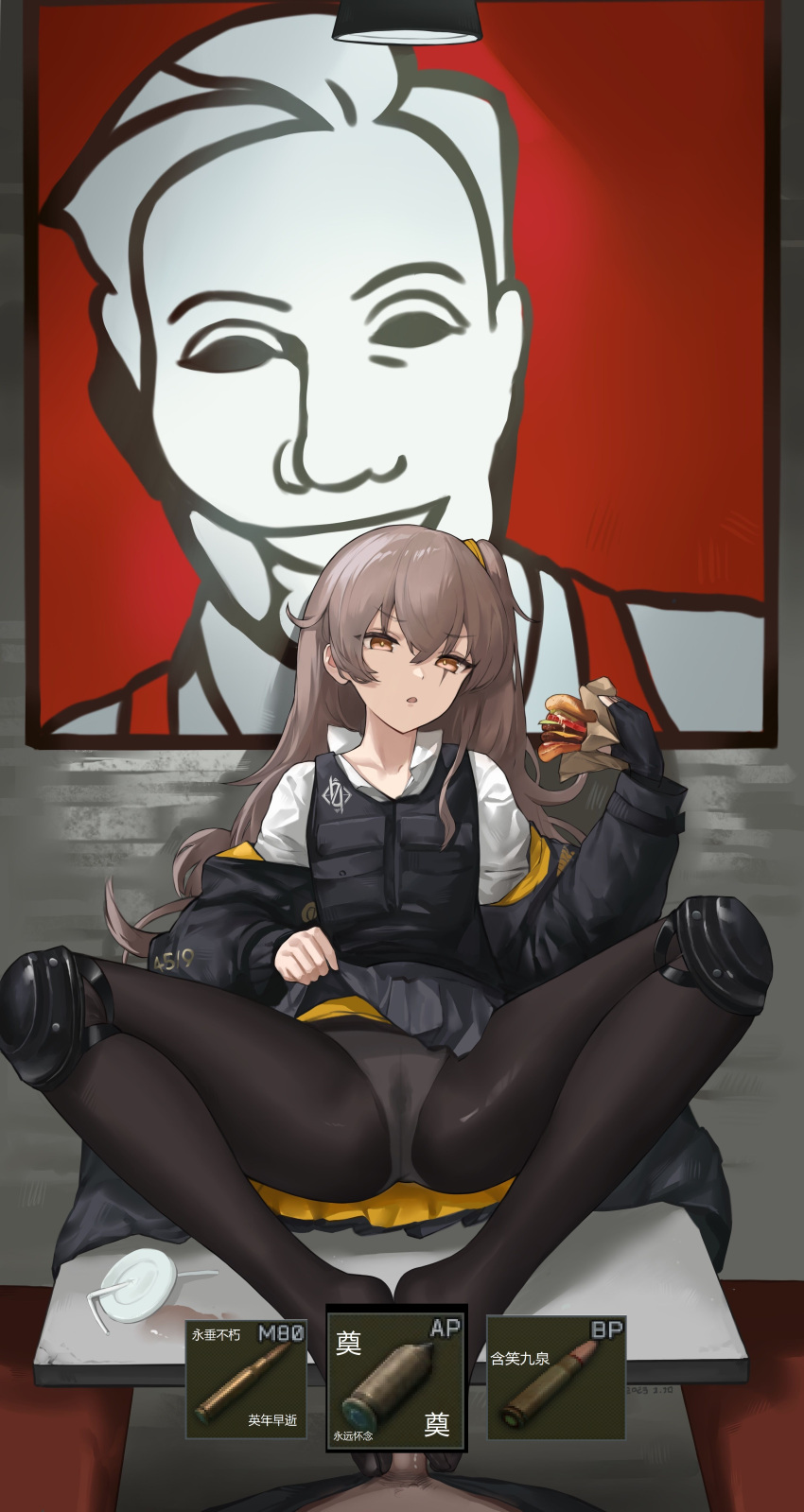 1boy 1girl absurdres black_pantyhose brown_eyes burger clothes_lift commentary_request feet fingerless_gloves food footjob girls'_frontline gloves grey_hair hetero highres holding holding_food jacket kfc knee_pads lifted_by_self logo_parody long_hair no_shoes off_shoulder one_side_up panties pantyhose pantyshot parody penis pleated_skirt pussy_juice pussy_juice_stain sawkm scar scar_across_eye scar_on_face shirt sitting skirt skirt_lift spread_legs two-footed_footjob ump45_(girls'_frontline) underwear user_interface vest white_shirt