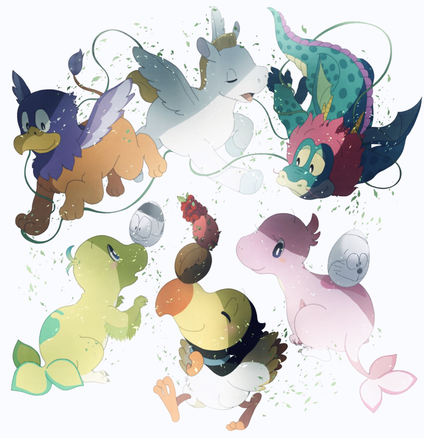 animal_focus balancing character_print chimera coconut dodo_(bird) doraemon doraemon:_nobita_no_nihon_tanjou doraemon_(character) draco_(doraemon) dragon dragon_fruit egg f9387dora flying griffin gris_(doraemon) happy highres kurajo_(doraemon) no_humans nobi_nobita pega_(doraemon) pegasus smile walking