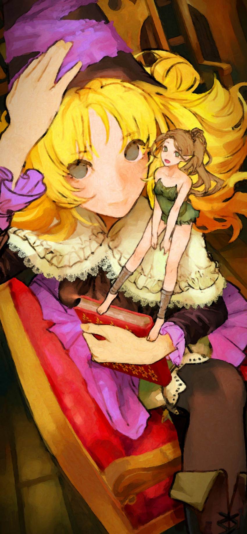 1693193543 2girls absurdres barefoot blonde_hair book boots brown_hair chair character_request dress expressionless fairy green_eyes grimgrimoire hat high_ponytail highres holding holding_book lillet_blan long_hair looking_at_viewer multiple_girls open_mouth pantyhose pointy_ears ponytail sitting sitting_on_shoulder witch_hat
