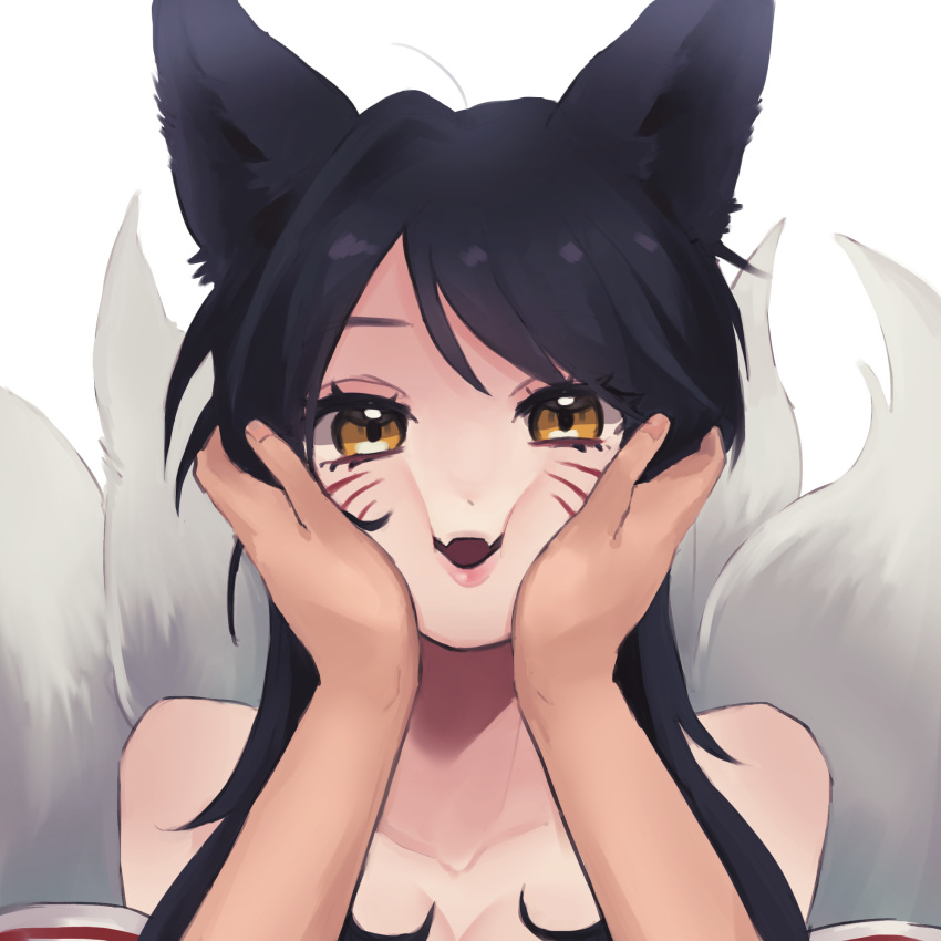 1girl ahri_(league_of_legends) animal_ears artist_request bangs bare_shoulders black_hair cheek_press cheek_squash collarbone face_grab facial_mark fluffy fox_ears fox_girl fox_tail hand_on_another's_cheek hand_on_another's_face highres kitsune kumiho league_of_legends long_hair looking_at_viewer non-web_source open_mouth simple_background smile tail whisker_markings yellow_eyes