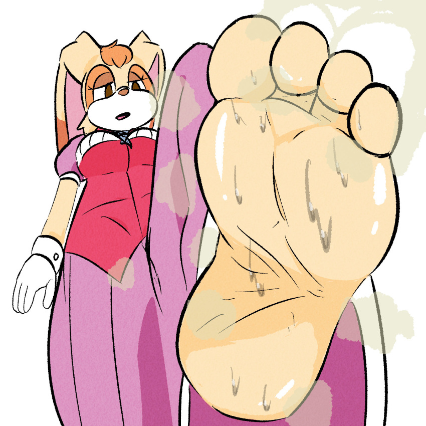 2023 4_toes anthro barefoot bodily_fluids custard_killer feet female foot_focus hi_res humanoid_feet lagomorph leporid low-angle_view mammal musk plantigrade rabbit sega simple_background smelly smelly_feet soles solo sonic_the_hedgehog_(series) stink_lines stomping sweat sweaty_feet toes vanilla_the_rabbit white_background worm's-eye_view