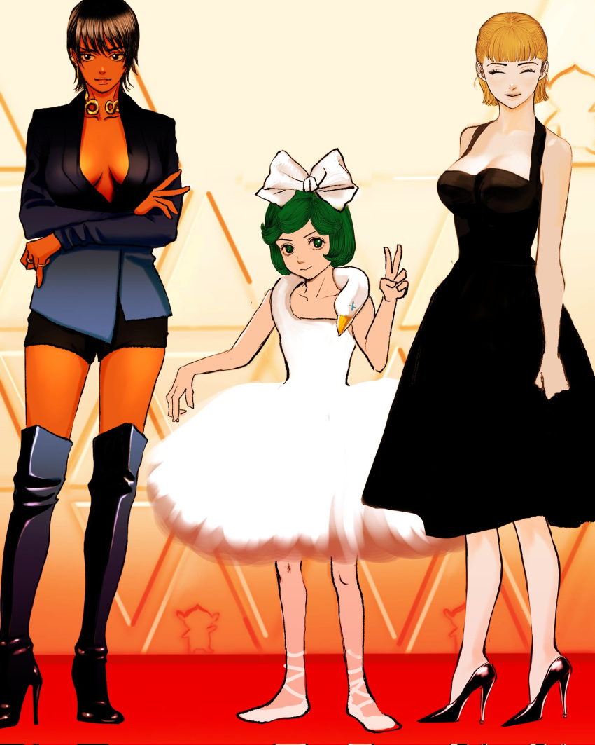 3girls arm_at_sides ballet_slippers bangs bare_legs berserk bird black_dress black_eyes black_footwear black_hair black_jacket black_shorts blonde_hair bob_cut boots bow breasts casca_(berserk) cleavage closed_eyes cocktail_dress crossed_arms dark-skinned_female dark_skin dress farnese_(berserk) formal green_hair hair_bow hand_up high_heel_boots high_heels highres jacket jewelry light_smile looking_at_viewer mascot multiple_girls necklace nisino2222 no_shirt party pixie_cut plunging_neckline red_carpet schierke_(berserk) short_dress short_hair shorts sleeveless standing swan tutu v white_bow white_dress white_footwear zettai_ryouiki