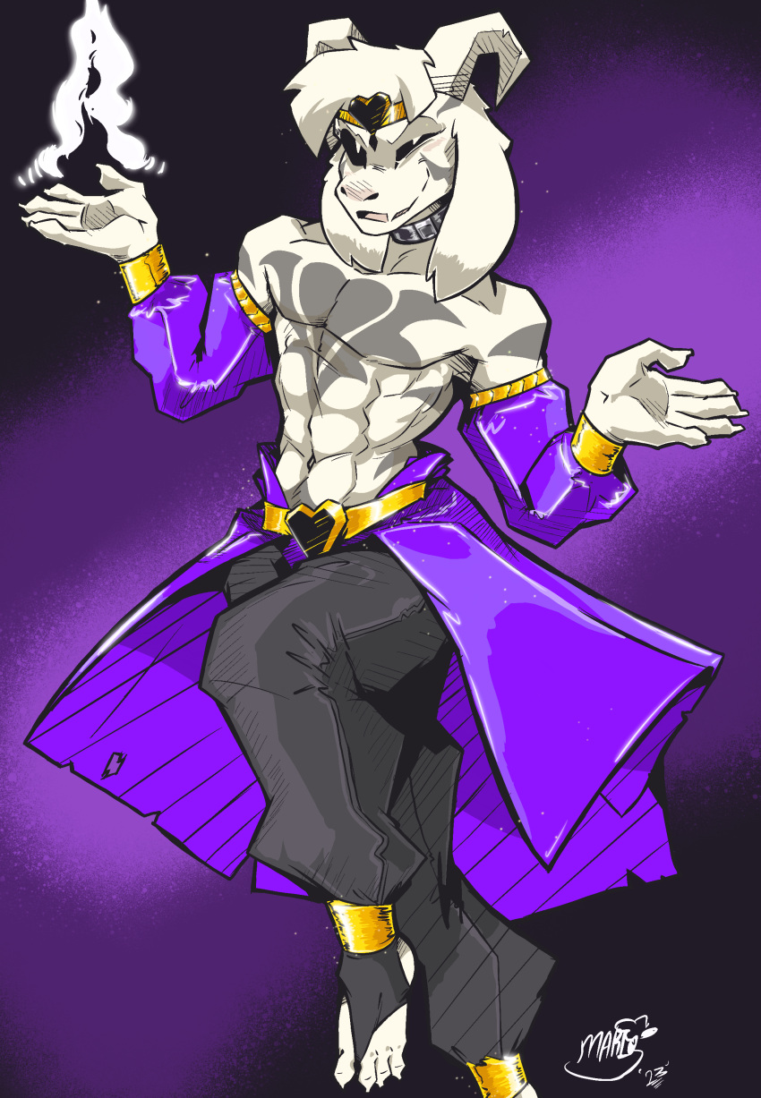 2023 abs absurd_res anthro asriel_dreemurr asriel_dreemurr_(god_form) black_bottomwear black_clothing black_pants bottomwear bovid cape caprine clothed clothing collar digital_media_(artwork) fellowthewulf fire fur goat gold_band gold_belt hair hi_res horn jojo_pose legwear long_ears looking_at_viewer male mammal metal_collar muscular muscular_anthro muscular_male open_mouth pants purple_cape shirtless_sleeves signature simple_background smile solo tattered_cape tattoo undertale undertale_(series) white_body white_fur
