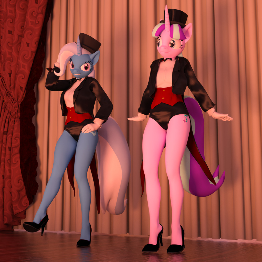 2018 5_fingers anthro bare_legs black_bow_tie black_clothing black_coat black_hat black_headwear black_heels black_panties black_suit black_tie_(suit) black_topwear black_underwear blue_body blue_fur blue_hair blue_tail bow_tie clothing coat cutie_mark dance_shoes dancewear dancing daz3d dress_shirt duo equid equine eyelashes female fingers fluffy fluffy_tail footwear friendship_is_magic fur glistening glistening_clothing glistening_coat glistening_panties glistening_topwear glistening_underwear gloves grin grinning_at_viewer hair handwear hasbro hat headgear headwear hi_res high_heels horn horse kick looking_at_another looking_at_viewer mammal multicolored_hair my_little_pony on_stage panties pink_body pink_fur pink_horn plantigrade pony pumps purple_body purple_eyes purple_fur purple_tail raised_heel red_clothing red_curtains red_topwear red_vest shirt shirt_cuffs shoes smile smiling_at_viewer stage stage_curtains starlight_glimmer_(mlp) stiletto_heels suit tail tap_dancing tap_shoes theowlgoesmoo top_hat topwear trixie_(mlp) two_tone_hair two_tone_tail underwear unicorn unicorn_horn vest white_clothing white_curtains white_dress_shirt white_gloves white_handwear white_tail wood_floor