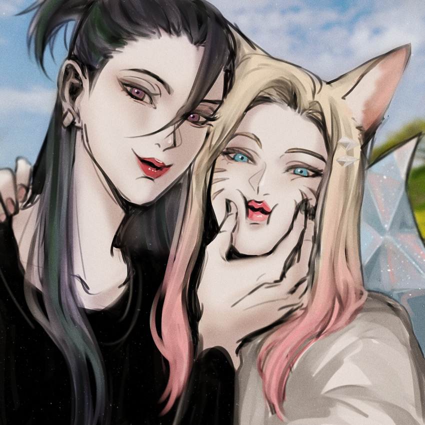 2girls ahri_(league_of_legends) animal_ears artist_request black_hair blonde_hair blue_eyes cheek_press cheek_squash face_grab facial_mark fox_ears fox_girl hand_on_another's_cheek hand_on_another's_face happy highres k/da_(league_of_legends) k/da_ahri k/da_kai'sa kai'sa kitsune kumiho league_of_legends long_hair multiple_girls puckered_lips purple_eyes smile twitter whisker_markings