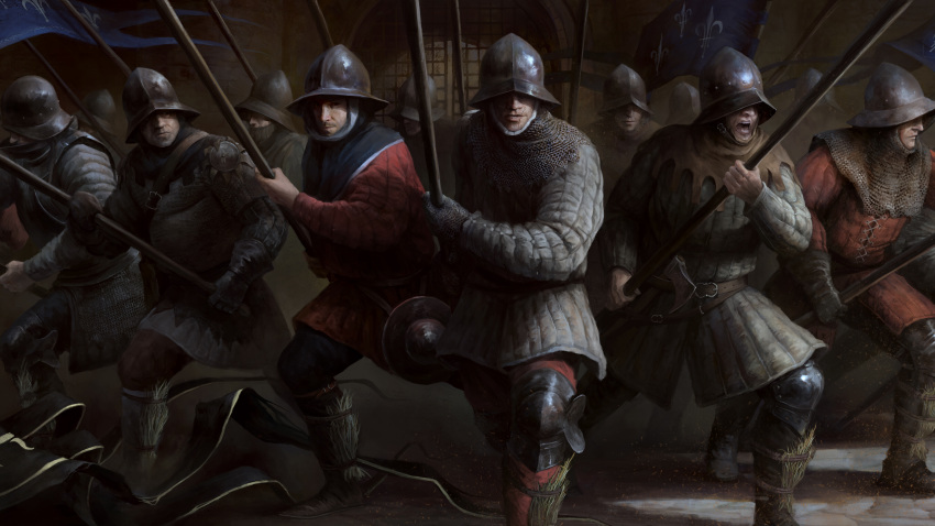 6+boys absurdres armor army chainmail clothing_request gambeson gwent_(game) helmet highres holding holding_polearm holding_weapon medieval multiple_boys non-web_source official_art polearm spear the_witcher_(series) weapon