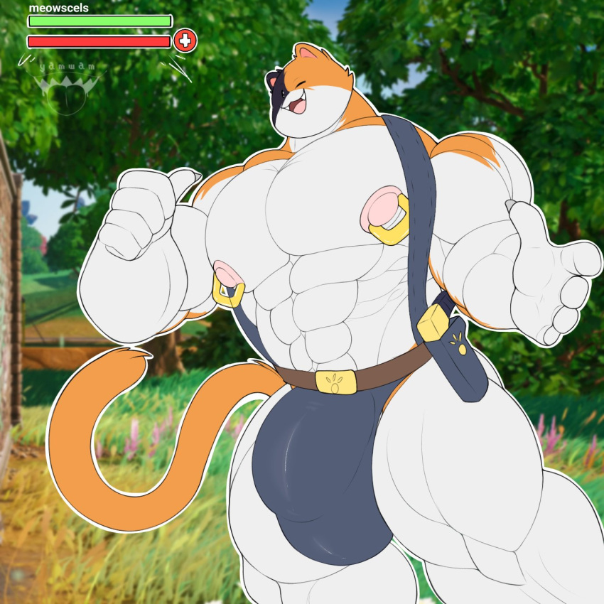 1:1 2023 5_fingers abs anthro areola biceps big_bulge big_muscles biped bottomwear bulge calico_cat claws clothed clothing digital_media_(artwork) domestic_cat epic_games felid feline felis fingers fortnite hi_res huge_bulge huge_muscles male mammal meowscles muscular muscular_anthro muscular_male navel nipple_piercing nipples pecs piercing quads smile solo thick_thighs topless triceps wide_hips yamwamm