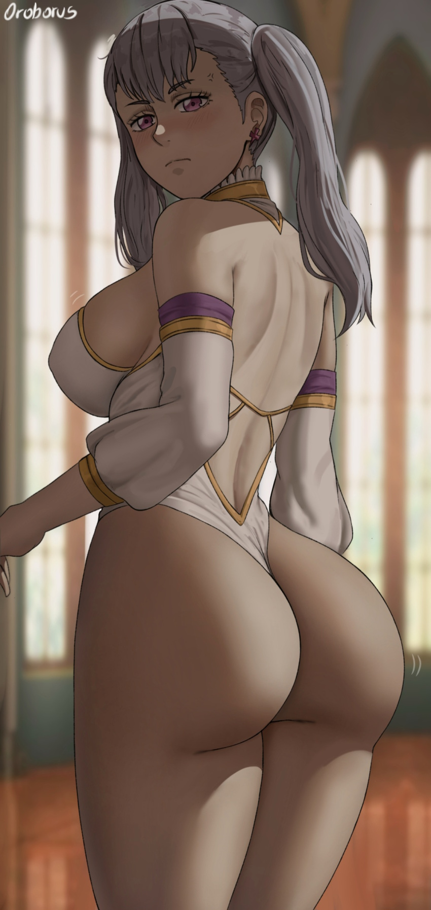 1girl annoyed artist_name ass bangs bare_shoulders black_clover blurry blurry_background blush breasts closed_mouth commentary day detached_collar earrings from_behind grey_hair highleg highleg_leotard highres jewelry leotard long_hair looking_at_viewer looking_back medium_breasts noelle_silva oroborus purple_eyes signature simple_background strapless strapless_leotard thighs twintails window