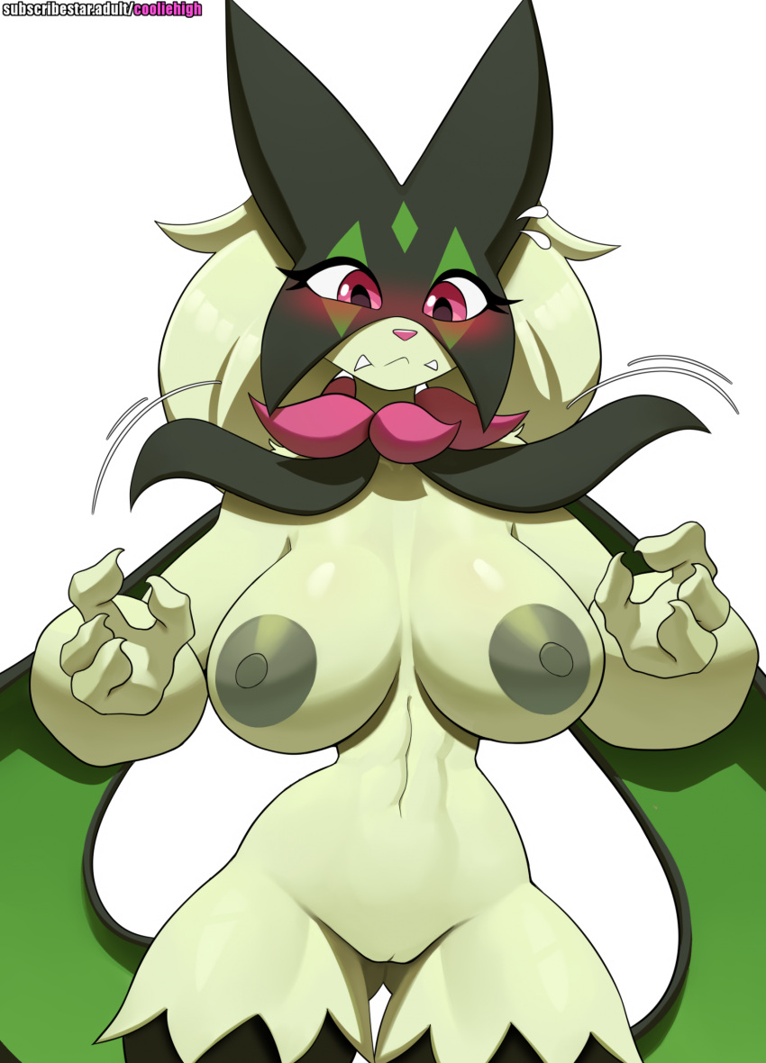 4_fingers anthro areola biped blush breasts cooliehigh eyelashes female fingers front_view generation_9_pokemon genitals hi_res meowscarada nintendo nipples pink_eyes pokemon pokemon_(species) pussy solo wavy_mouth