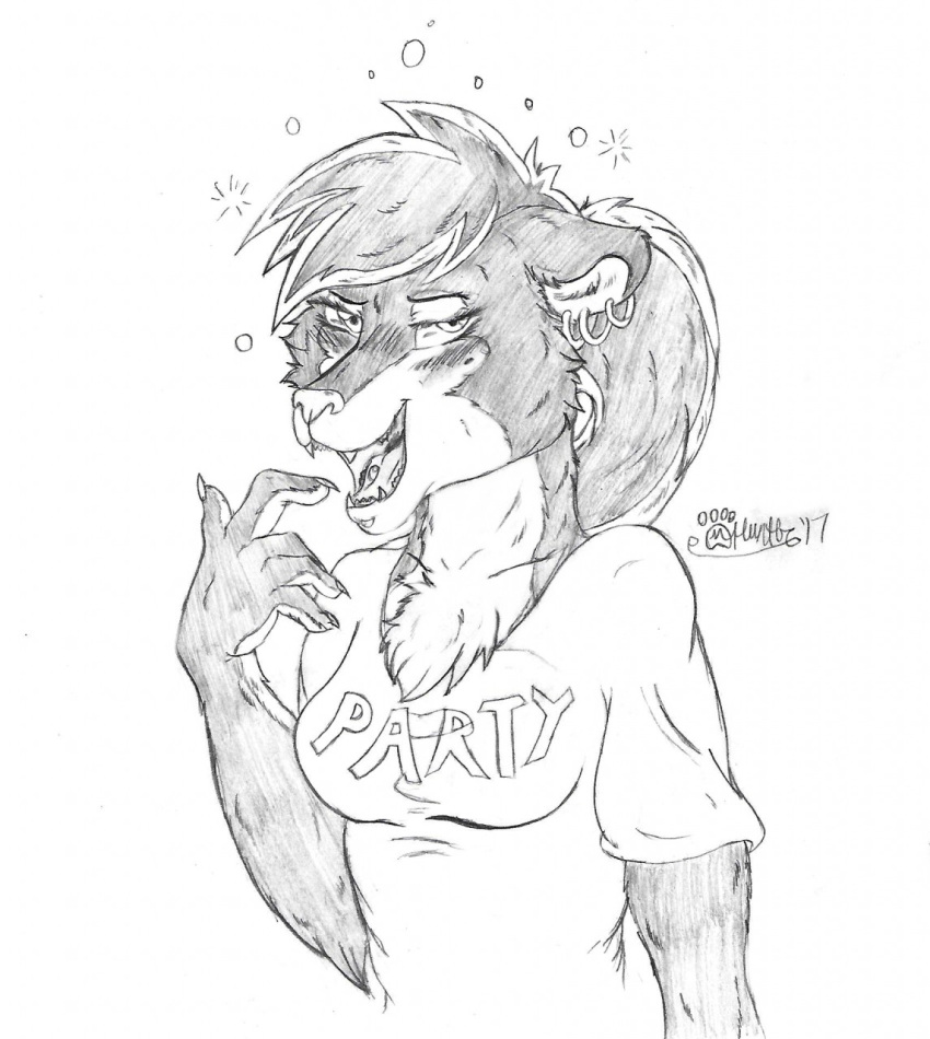 2017 anthro brianna_jackson bubble chest_tuft claws clothing drunk drunk_bubble ear_piercing ear_ring fangs female fur hair half-closed_eyes half-length_portrait hi_res looking_at_viewer mammal marcushunter mephitid narrowed_eyes open_mouth piercing portrait ring_piercing shirt signature skunk smile smiling_at_viewer solo substance_intoxication teeth text tongue tongue_piercing topwear tuft