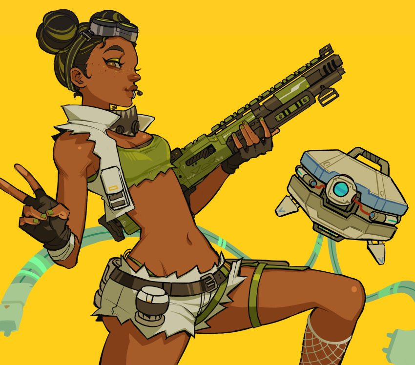 1girl absurdres animification apex_legends ass black_gloves black_hair breasts brown_eyes cable cosplay cropped_shirt d.o.c._health_drone dark-skinned_female dark_skin earpiece energy_gun eyeshadow fingerless_gloves fishnet_socks fishnets freckles from_side gloves green_eyeshadow green_hair green_panties green_tank_top grey_shirt grey_shorts grey_socks gun highres holding holding_gun holding_weapon jui_(dirtybigrat) lifeline_(apex_legends) m1904_mastiff makeup mask mask_around_neck micro_shorts multicolored_hair navel non-humanoid_robot octane_(apex_legends) octane_(apex_legends)_(cosplay) panties robot science_fiction shirt shorts shotgun small_breasts smile socks solo_focus streaked_hair tank_top thigh_strap torn_tank_top underwear v weapon yellow_background