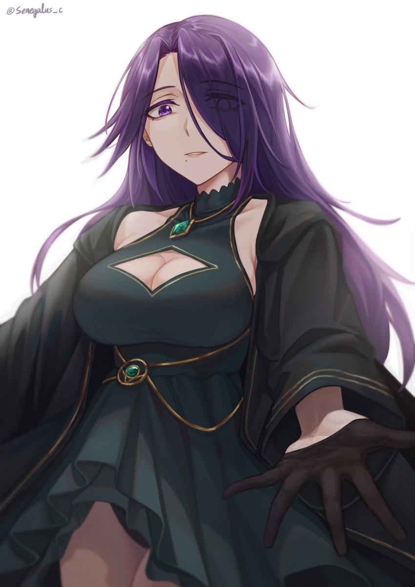 1girl absurdres aurora_(kage_no_jitsuryokusha_ni_naritakute!) black_dress black_gloves breasts cleavage_cutout clothing_cutout commentary_request dress eyes_visible_through_hair gloves hair_over_one_eye highres jewelry kage_no_jitsuryokusha_ni_naritakute! large_breasts lips long_hair long_sleeves looking_at_viewer mole mole_under_mouth necklace pink_lips purple_eyes purple_hair reaching_towards_viewer senegalus_c simple_background solo twitter_username white_background