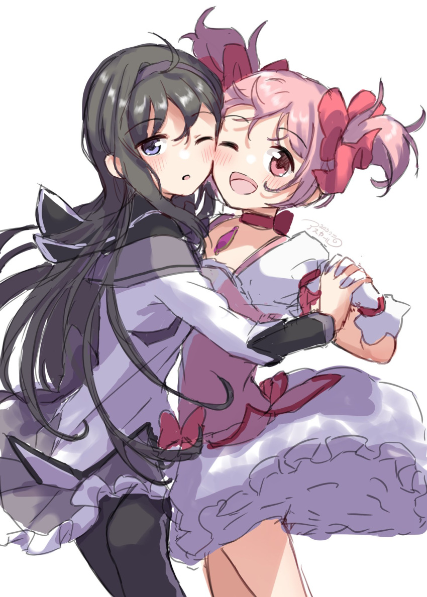 2girls ;d ahoge akemi_homura asukaru_(magika_ru) bangs black_eyes black_hair bow choker commentary_request gloves hairband highres holding_hands kaname_madoka long_hair long_sleeves looking_at_viewer magia_record:_mahou_shoujo_madoka_magica_gaiden magical_girl mahou_shoujo_madoka_magica multiple_girls one_eye_closed open_mouth pink_bow pink_eyes pink_hair purple_hairband red_choker simple_background smile two_side_up white_background white_gloves