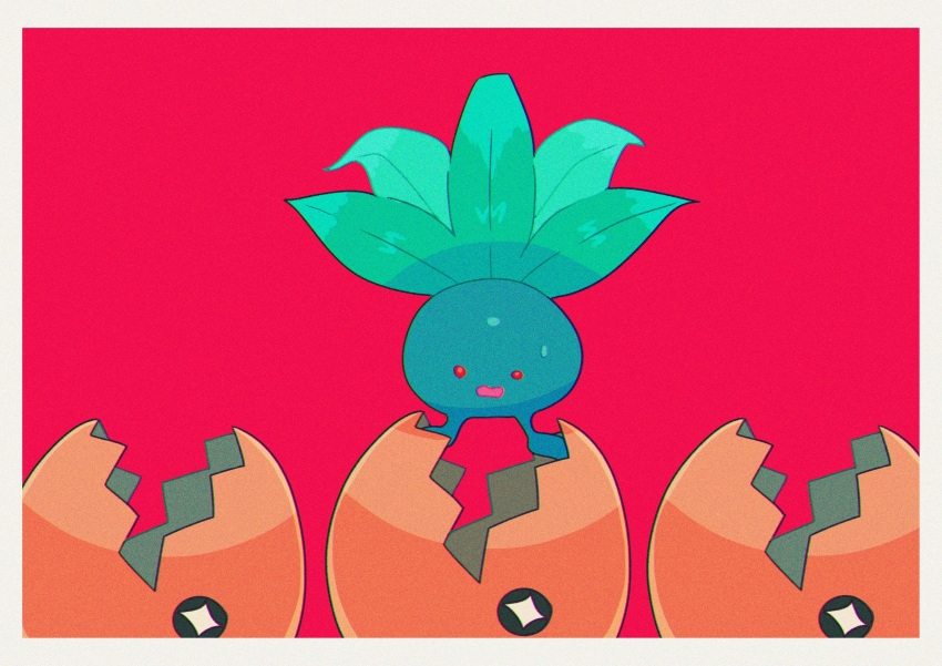 absurdres border film_grain highres leaf looking_down no_humans oddish open_mouth pokemon pokemon_(creature) red_background red_eyes saiku_(zvlku) solid_circle_eyes sweatdrop trapinch white_border