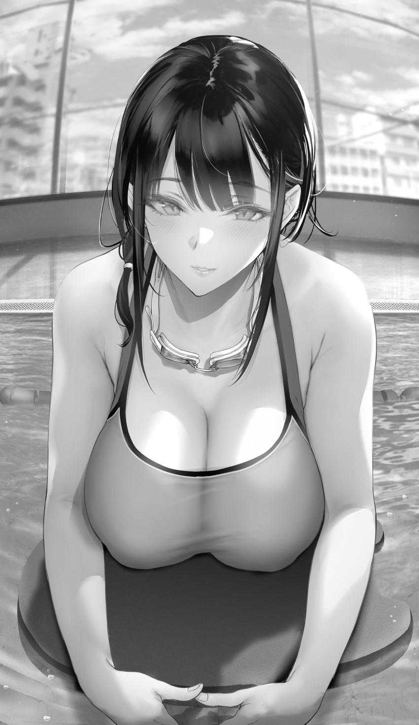 1girl absurdres armpit_crease bangs bare_shoulders blush breasts cleavage gentsuki goggles goggles_around_neck greyscale highres large_breasts long_hair looking_at_viewer monochrome original parted_lips pool sidelocks smile solo water wet