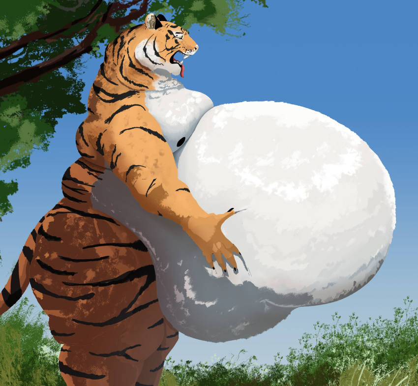absurd_res anthro belly belly_grab belly_overhang big_belly black_stripes blue_sky breath feedtheboss felid fur hand_on_stomach hands_on_belly hi_res holding_stomach hyper hyper_belly looking_at_belly looking_down looking_down_at_self male mammal morbidly_obese morbidly_obese_anthro morbidly_obese_male obese obese_anthro obese_male open_mouth orange_body orange_fur outside overweight overweight_anthro overweight_male pantherine panting pink_tongue plant sharp_teeth sky solo stripes teeth tiger tongue tongue_out tree white_belly