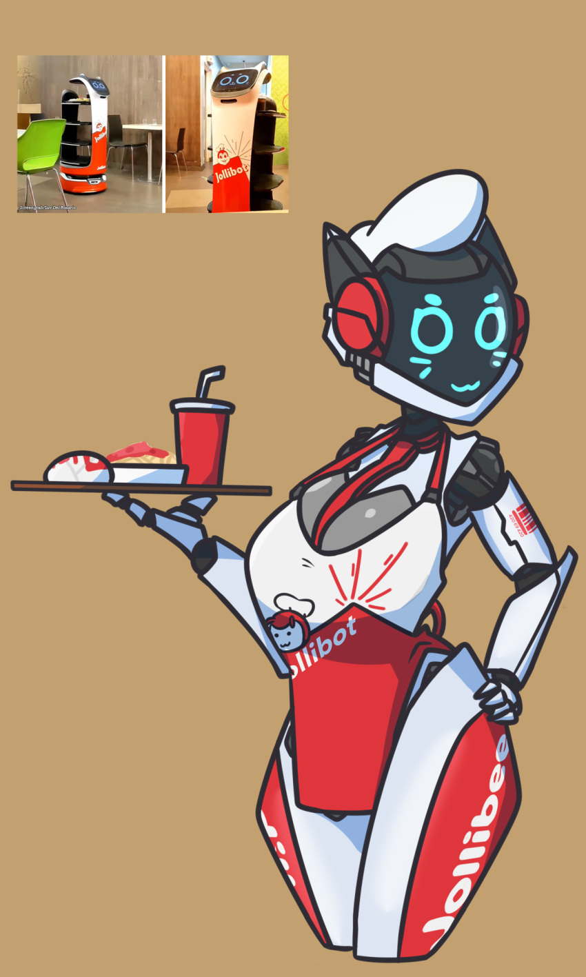 2022 :3 alternate_species android animal_humanoid apron ball_joints barcode barcode_tattoo bellabot beverage blue_eyes breasts brown_background burger cat_humanoid cel_shading chingbun clothing english_description fast_food felid felid_humanoid feline feline_humanoid female food food_tray grey_breasts hand_on_hip hat headgear headwear hi_res holding_object humanoid humanoidized joints jollibee jollibot machine mammal mammal_humanoid multicolored_body multicolored_clothing necktie pasta picture_in_picture portrait print_clothing pudu_robotics red_body red_clothing robot screen screen_face segmented_body shaded simple_background soda solo spaghetti straw tailless tattoo text text_on_clothing text_on_leg three-quarter_portrait tray two_tone_body two_tone_clothing waiter white_body white_clothing